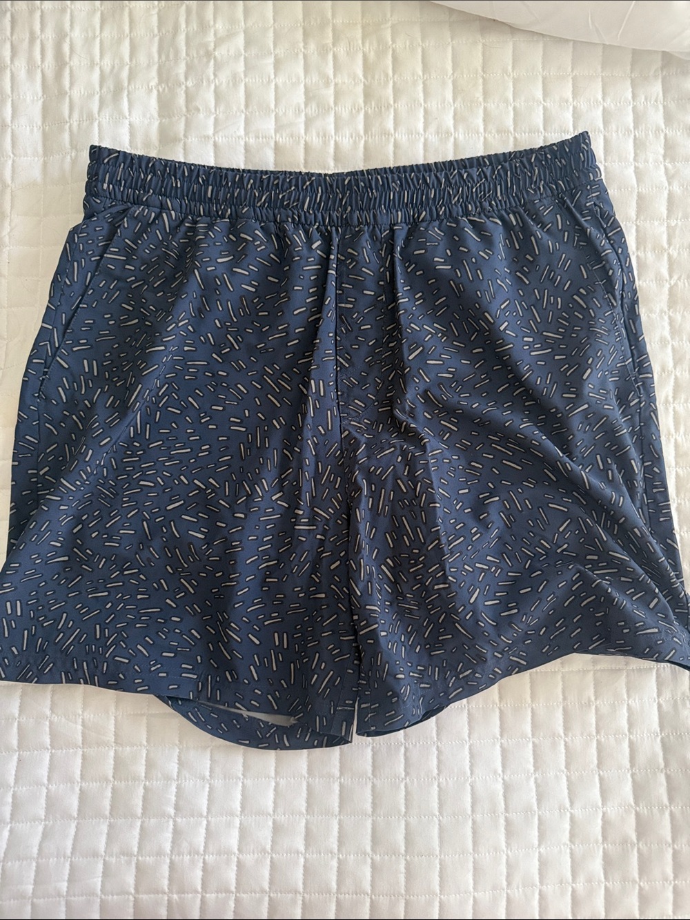Outdoor Voices Navy Blue Athletic Shorts with Light Blue Dash Print